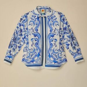 Farm Rio Garden Tiles Shirt Blue and White Size Medium